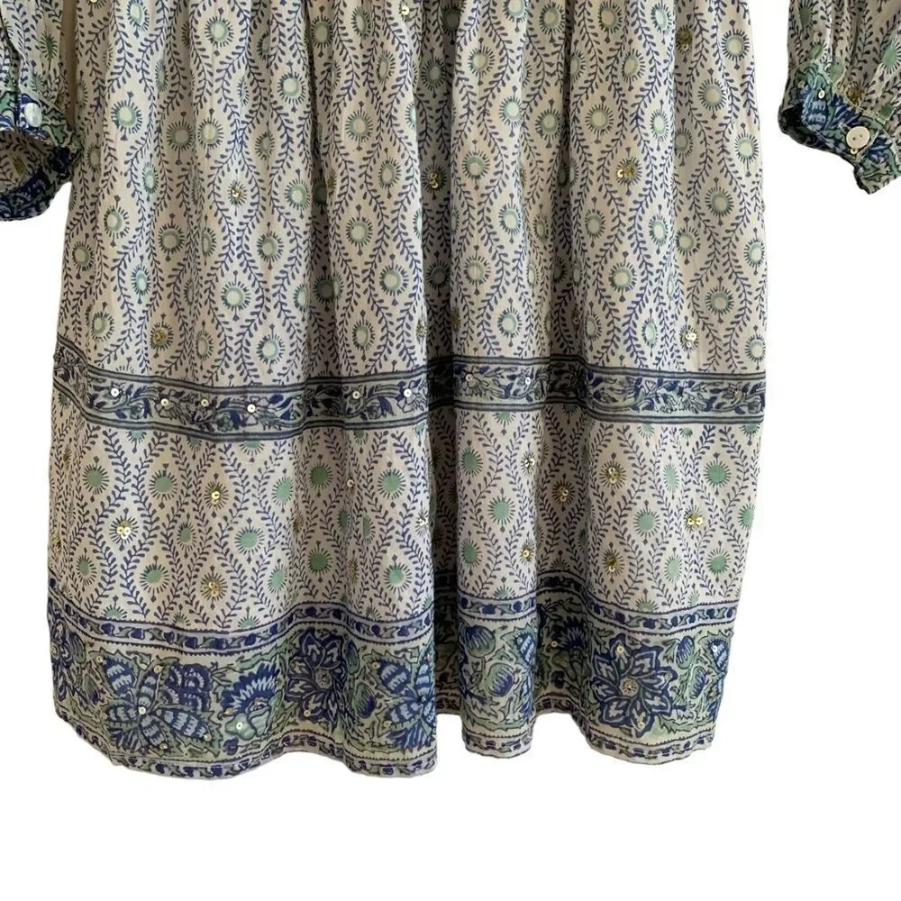 Boho Mini Dress Blue Green Print Sz M - Picture 7 of 11